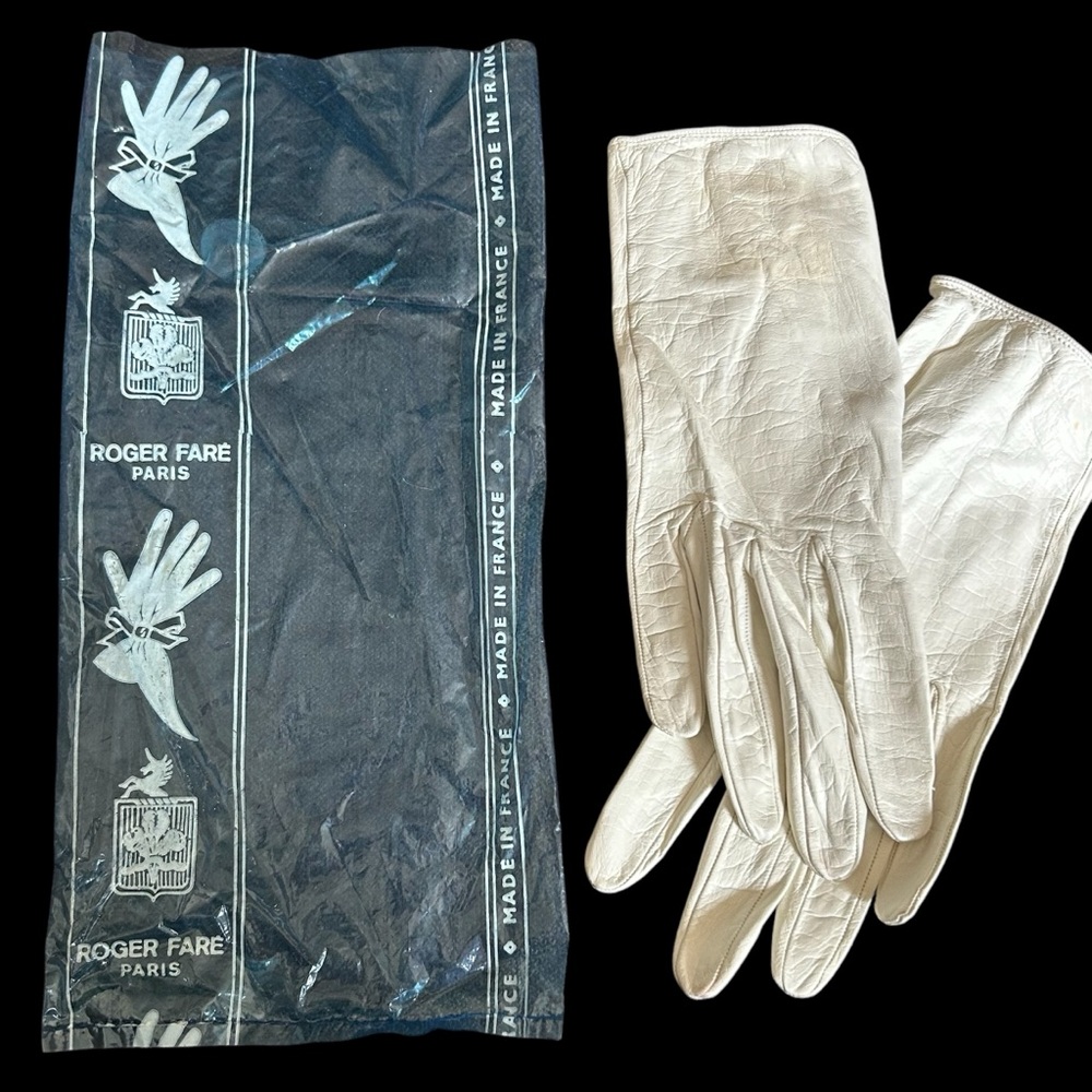 Vintage Roger Fare Paris White Leather Gloves Size 6.5 Made in France Retro Glam